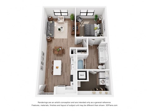 A floor plan of a house with a kitchen, living room, dining room, and bathroom.